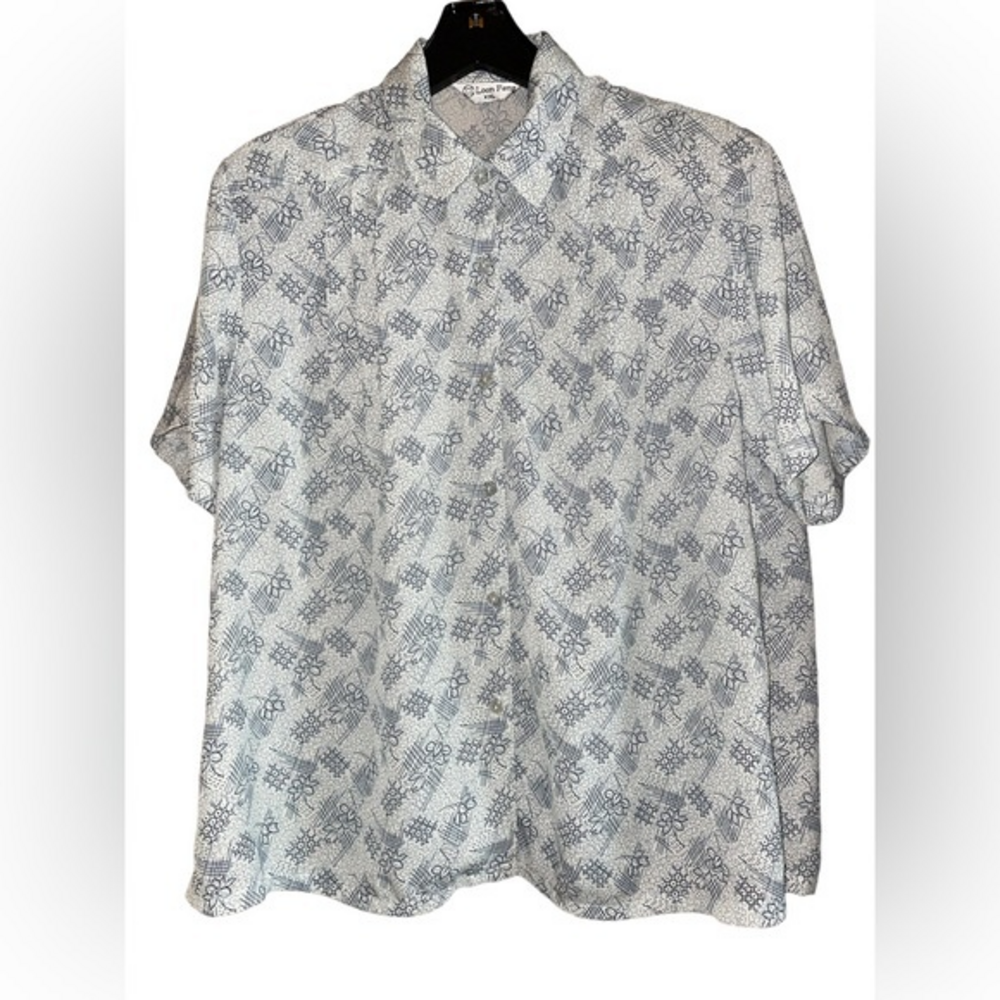 Loon Feng Vtg Womens Floral Blouse Pleats Shoulder Pads XXL Whimsical Blue White